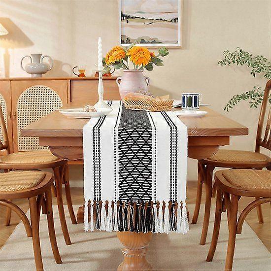 Bohemian Cotton and Linen Table Runner with Tassels - 35x160cm Diamond Shaped,