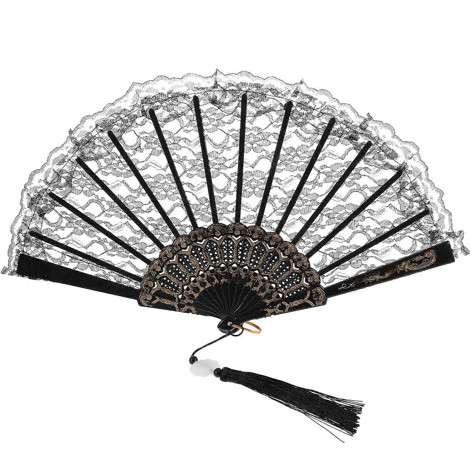 Lace Folding Fan Hand Fan with Tassel for Home Use 3Pcs