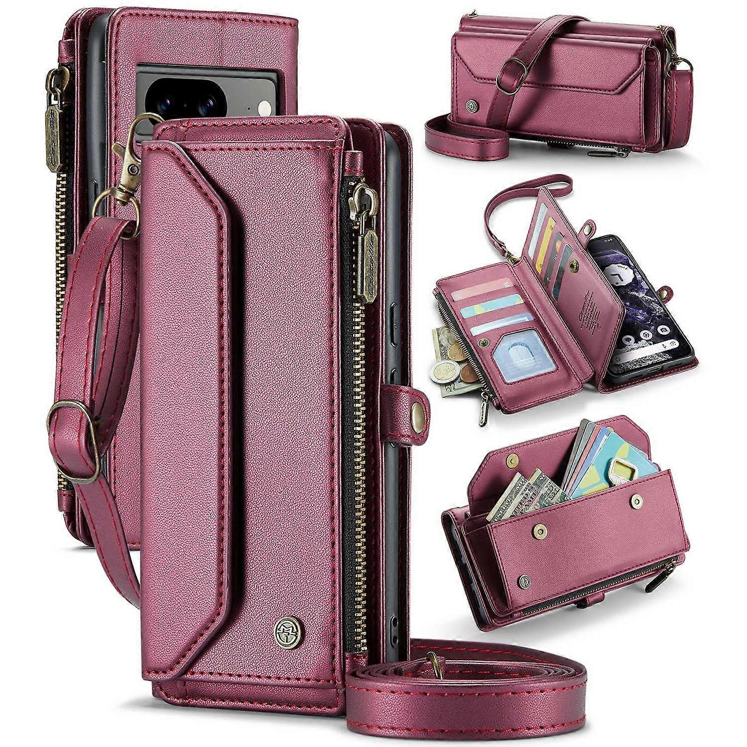 For Google Pixel 8 Leather Case CASEME C36 Zipper Multiple Card Slots Phone Cover with Straps