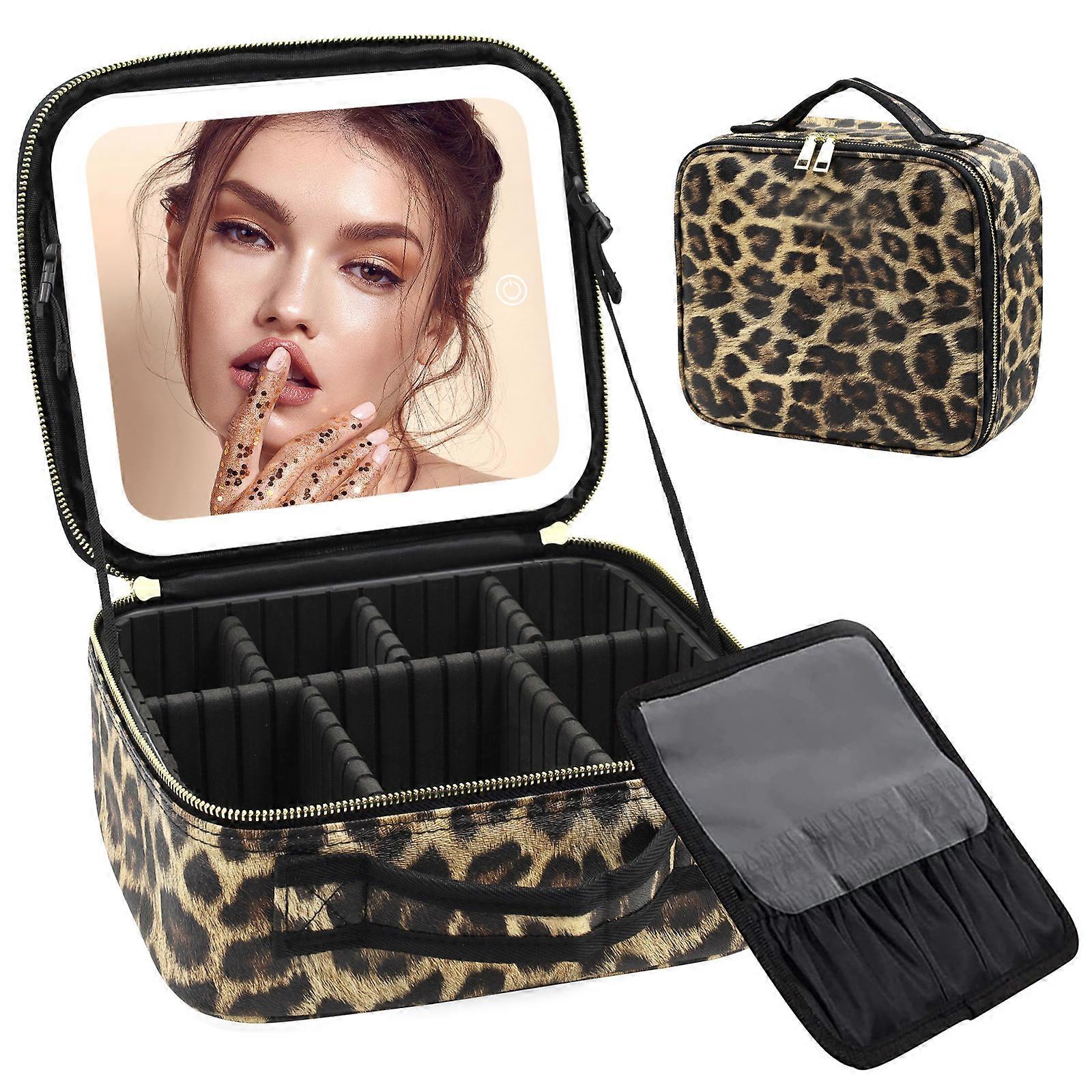 Portable PU cosmetic bag with mirror LED large capacity high-end portable waterproof (leopard print)