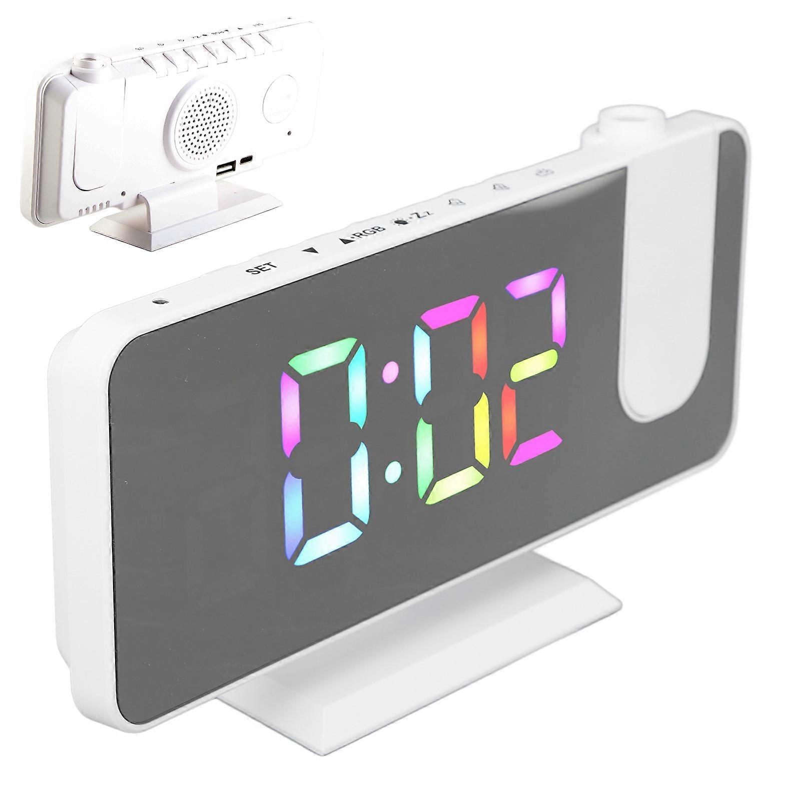 RGB Digital Alarm Clock Mirror Surface Adjustable Brightness Modern Desk Clock with 180 Degree Rotatable Projector for Bedroom Office White 