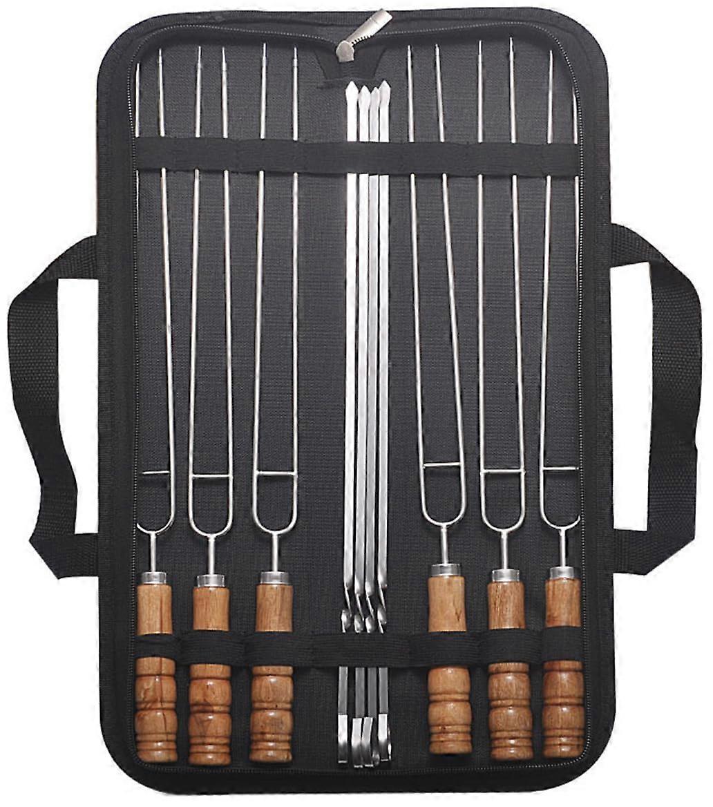 Barbecue Skewers Set 10 Pcs With Storage Bag 6 Double Pronged Wooden Handle Skewers And 4 Stainless Steel Skewers