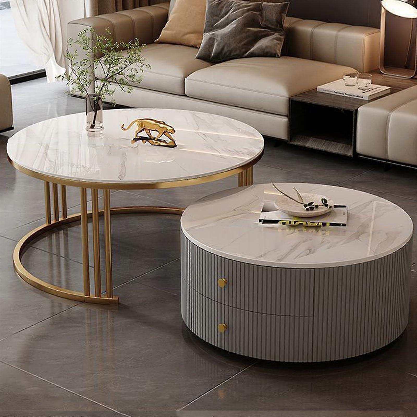 Modern Round Nesting Coffee Tables Set Of 2 With Large Storage, 19.6x13.7in And 27.5x17.7in, For Living Room