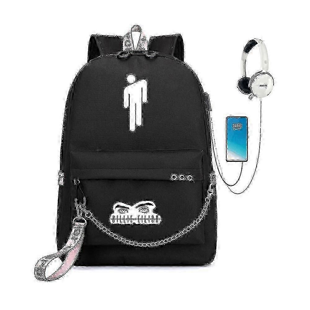 Mochila Billie Eilish de 16 polegadas com porta de carregamento USB, preta.