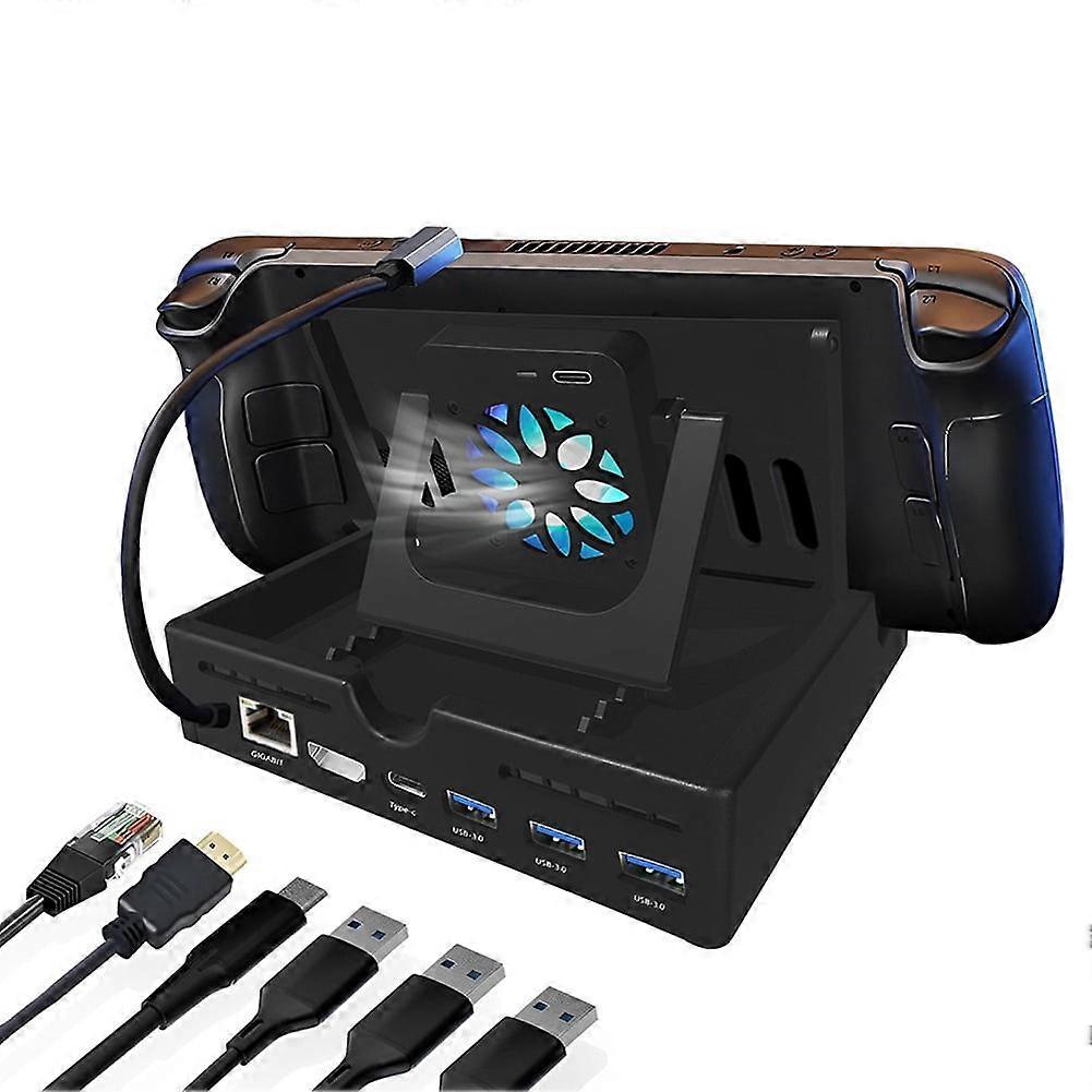 jixopn 4/6-in-1 Host Dock with Fan and Light Docking Station Type-C Charging 3 USB 3.0 Port for Steam Deck Game Console