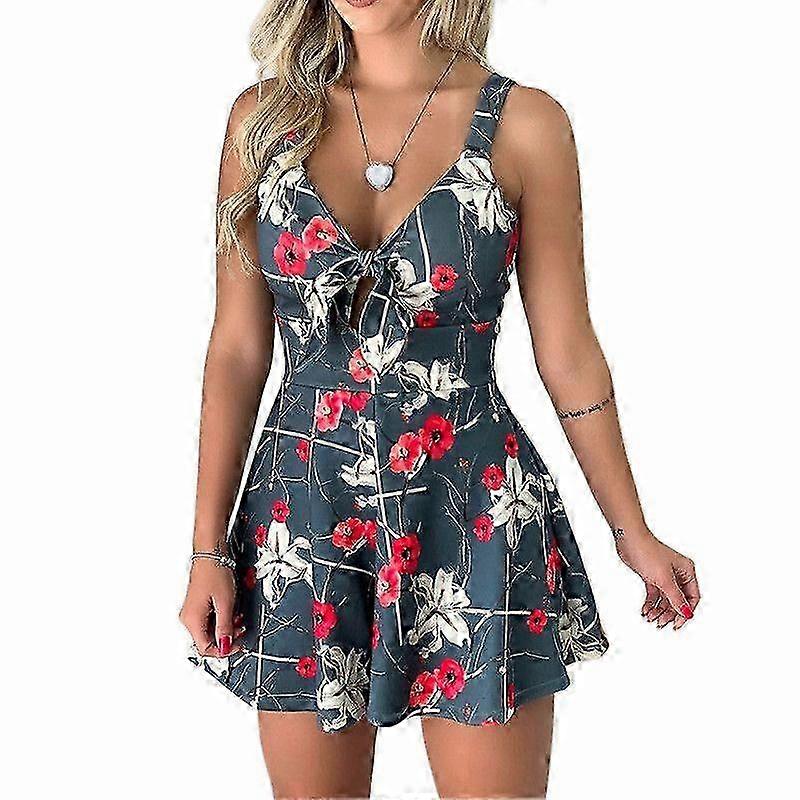 Women's Halter Bow Tie Printed Dresses C