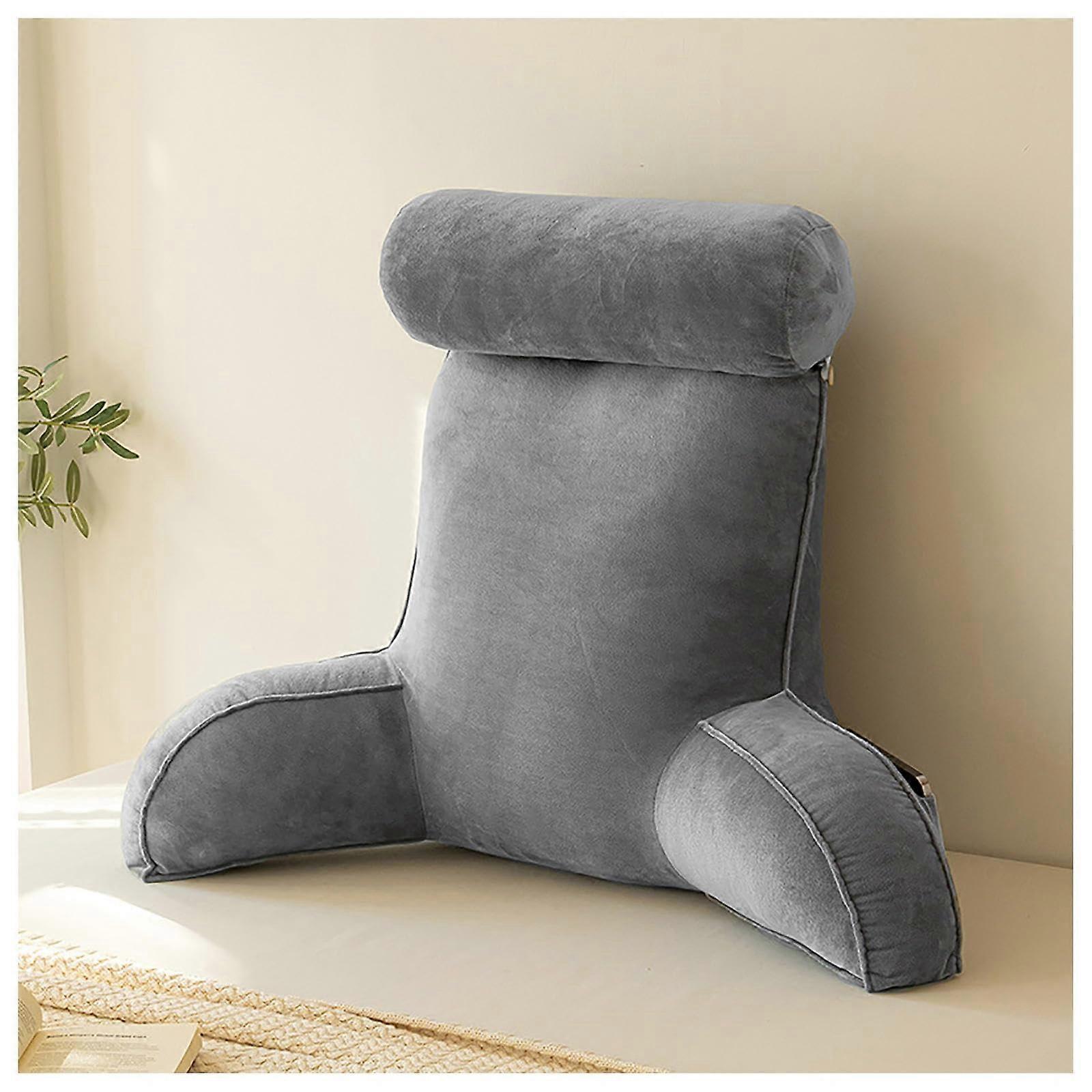 Reading Pillow with Arms and Pockets Washable Cover Wedge Support for Bed Sofa Laptop Use Grey