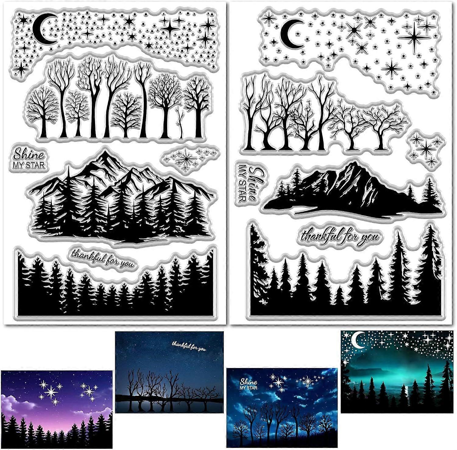 2Pcs Forest Mountain Clear Stamp for Card Making Star Pine Tree Starry Moon Lake Rubber Silicone Reusable Transparent Seals for Journaling DIY Scrapbo