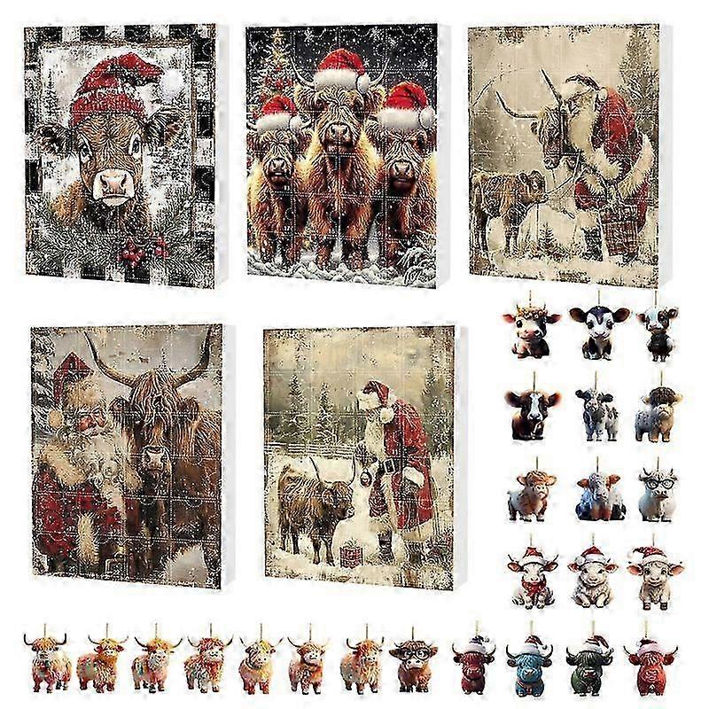 Highland Cow Themed Christmas Advent Calendar for Festive Countdown and Ornament Display