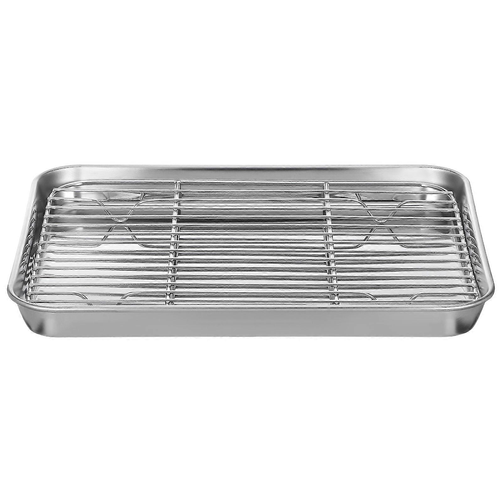 2 Pieces/Set Rectangular Baking Tray Stainless Steel Baking Pan Sheet with Removable Cooling Rack - 26x20x2.5cm