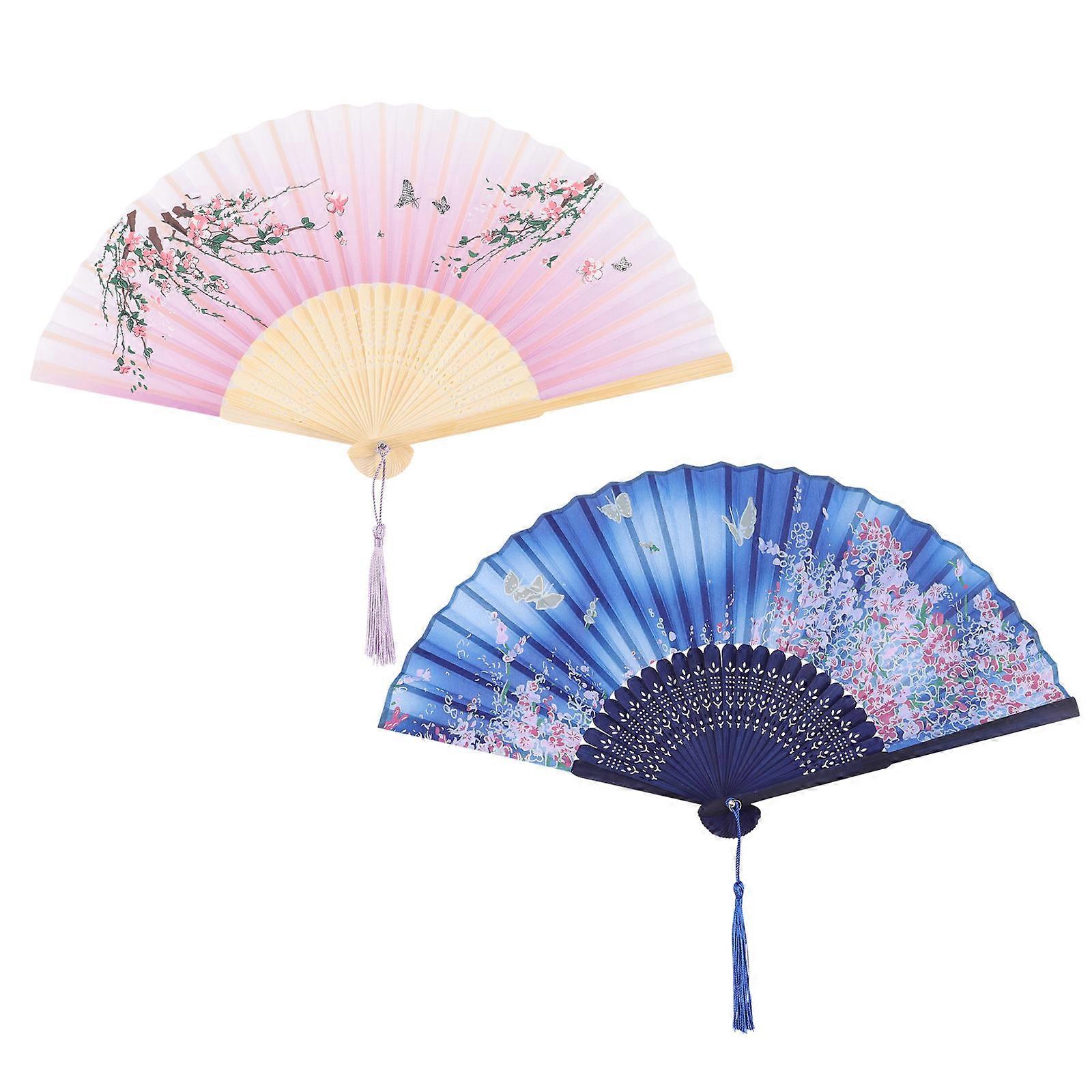Assorted Color Bamboo Silk Fans for Performance Use 2Pcs Set