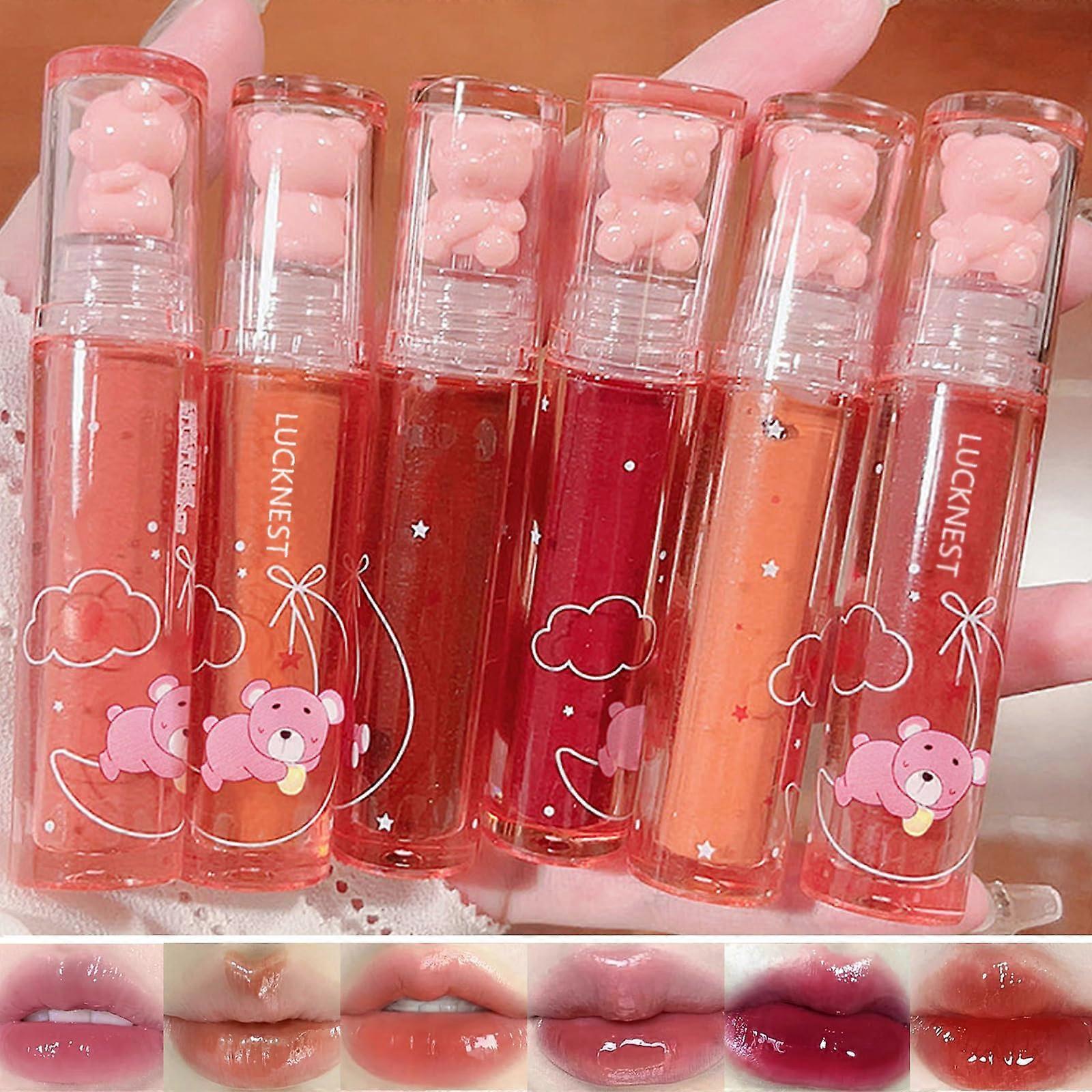 6Pcs Cute Bear Lip Gloss and Liquid Lipstick Set, Moisturizing Long Lasting Waterproof Plumping