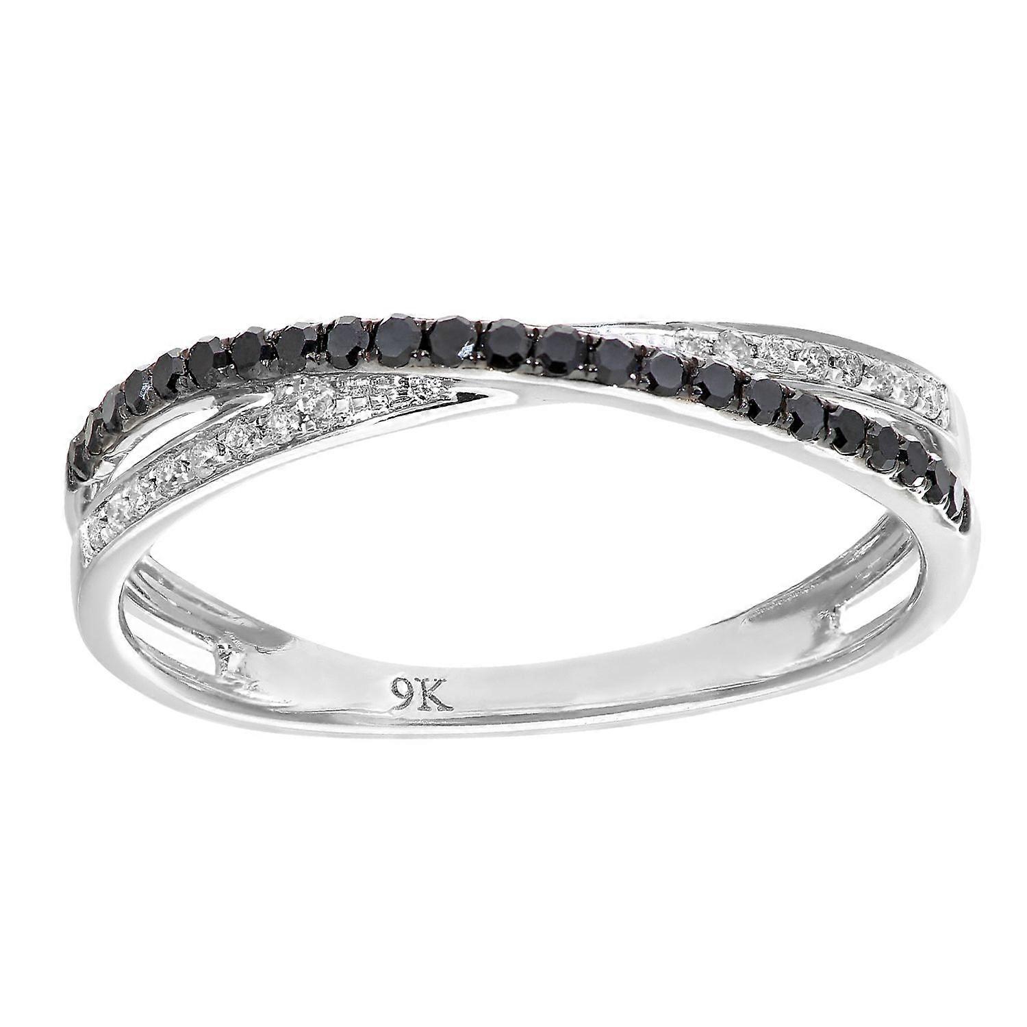 Jewelco London 9ct White Gold Round 5pts Diamond Round 15pts Black Diamond Crossover Eternity Ring 2mm