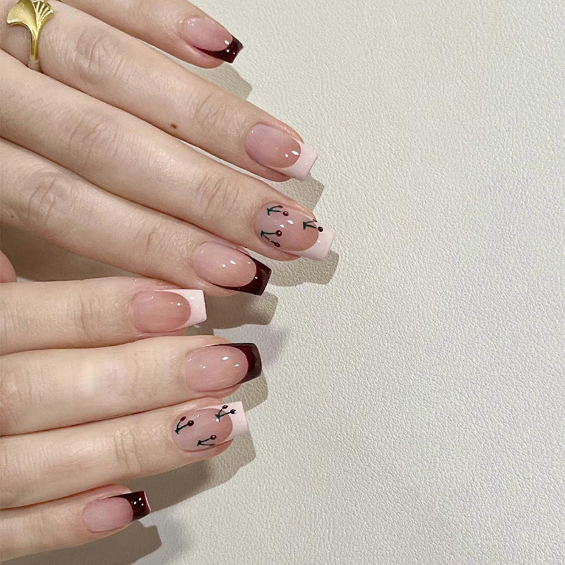 French Tip Press On Nails Medium Square White Ombre Black Gradient Reusable Set 24pcs