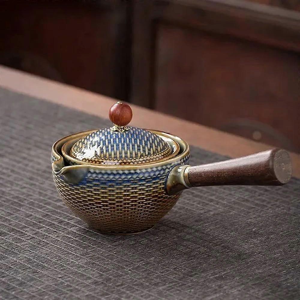 Ceramic Teapot with Ergonomic Wooden Side Handle, Kung Fu Oolong Tea Maker with Leaf Filter