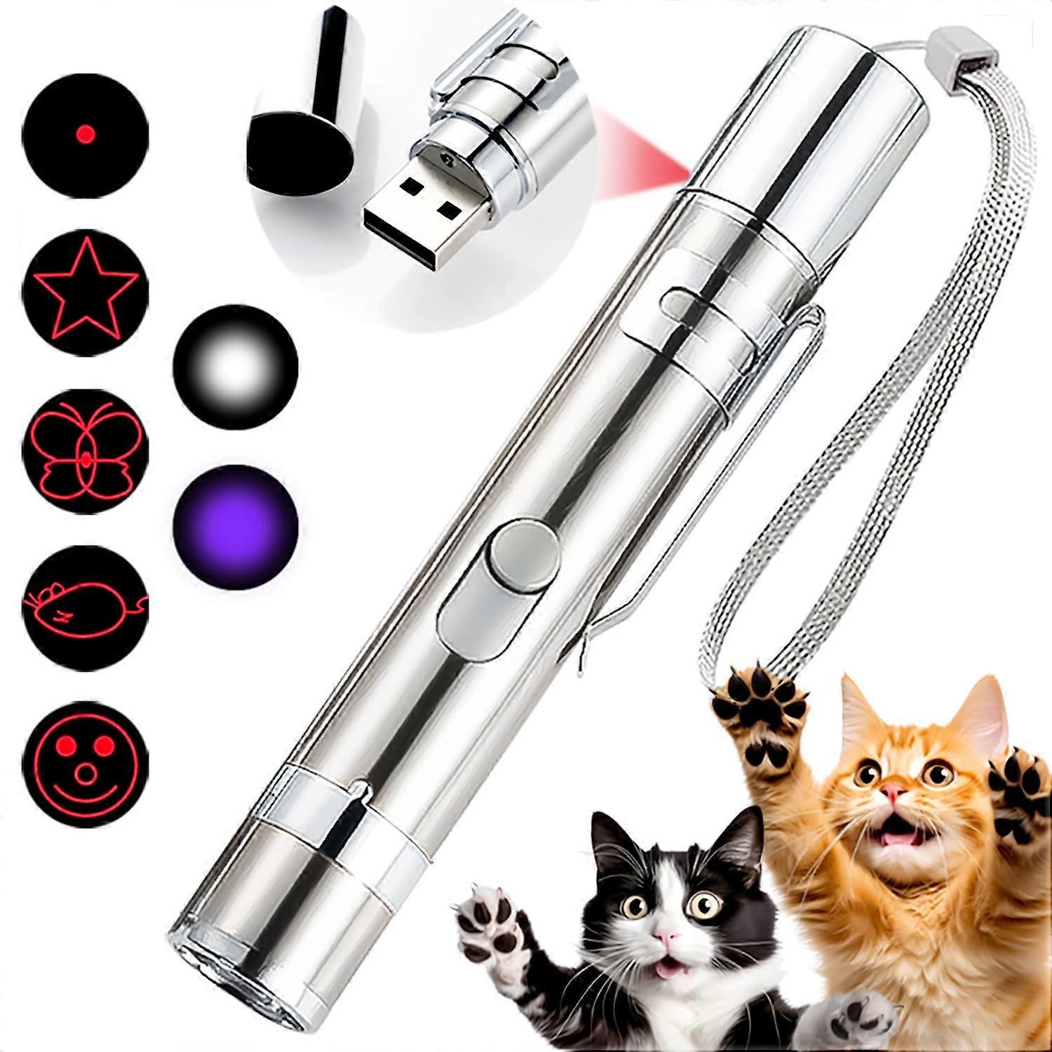 USB Rechargeable 7in1 Cat Laser Pointer with LED Light for Indoor Cats and Kittens Silver