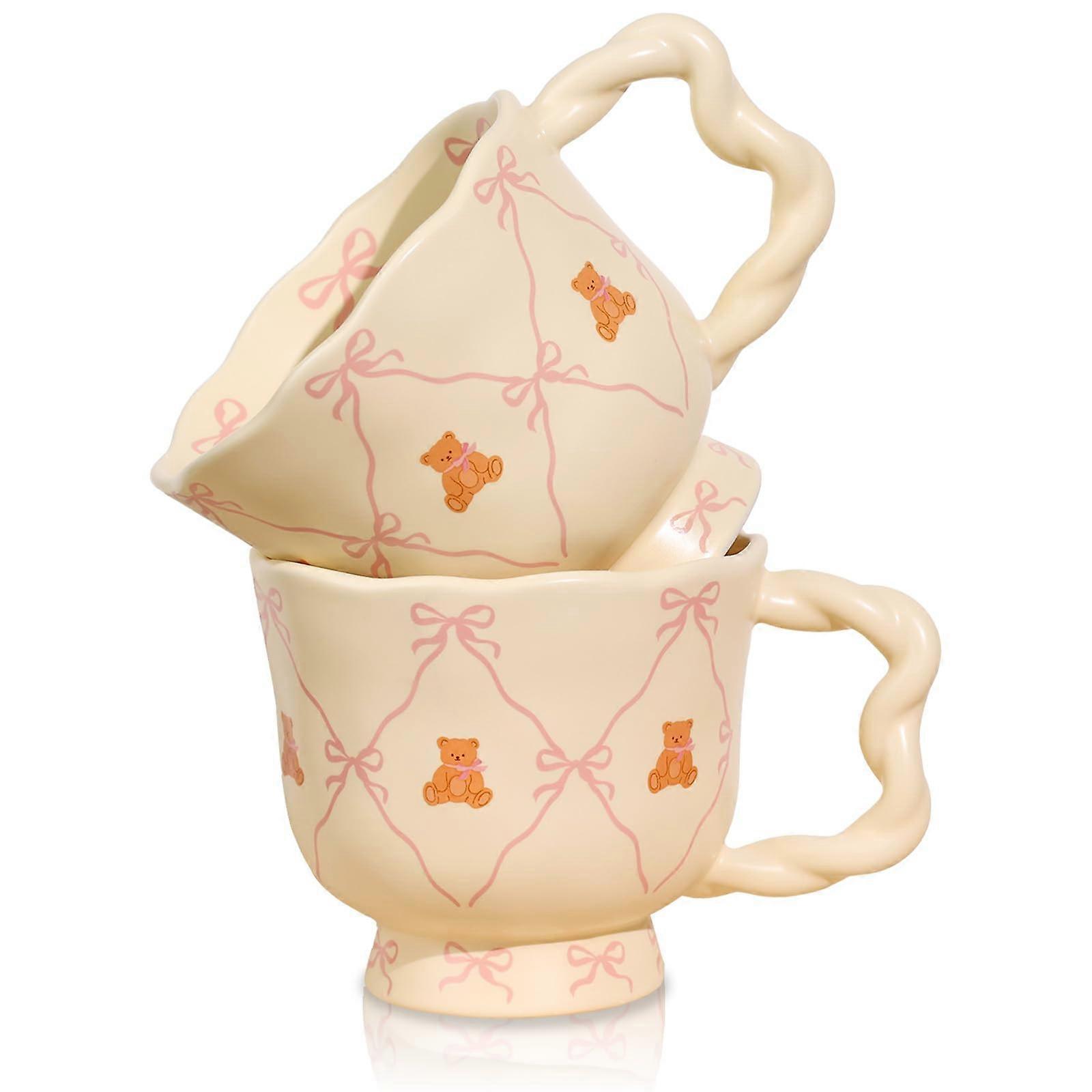2 Pack Cute Bear Ceramic Coffee Mugs 18oz Large Capacity Latte Tea Cups with Pink Bow Handle