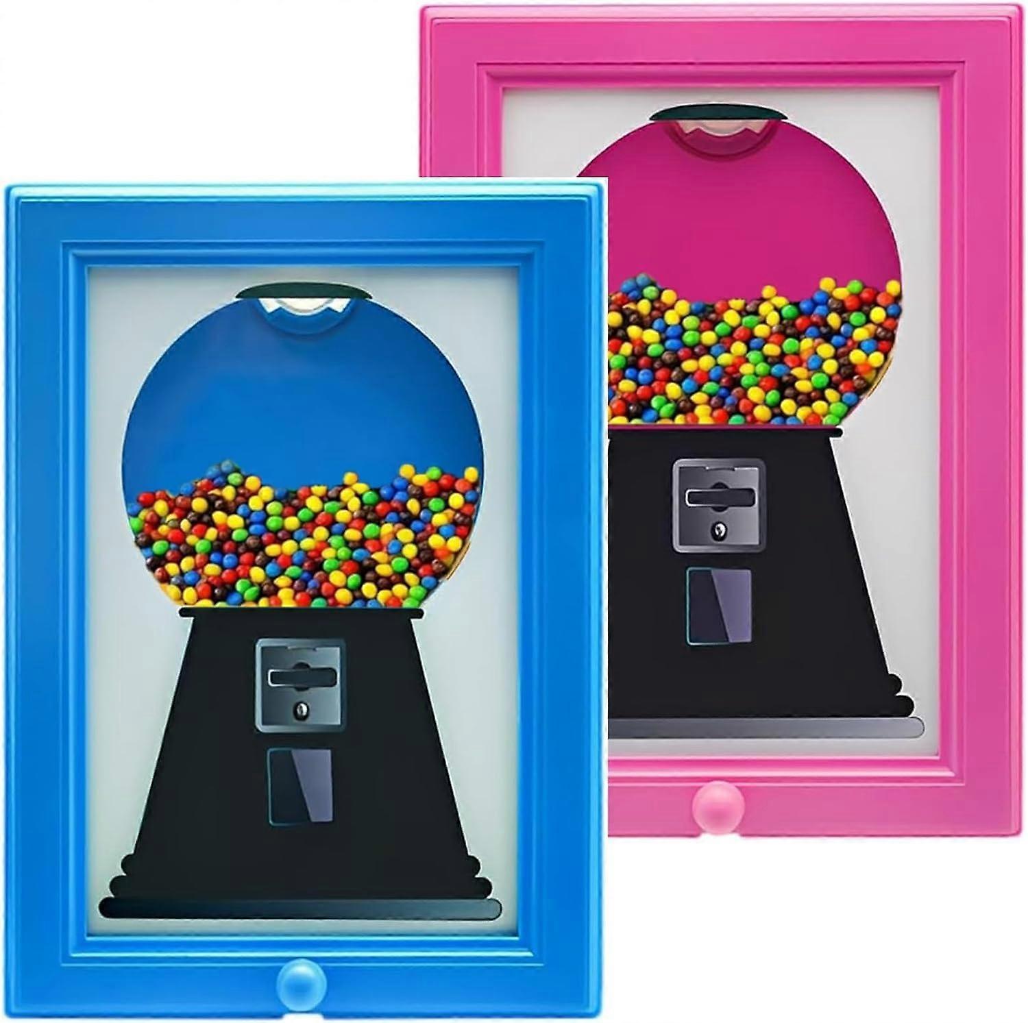 Candy Dispenser Photo Frame with Interactive Push Button, Wall Mounted Gumball Picture Frame, Blue+Pink 2PCS