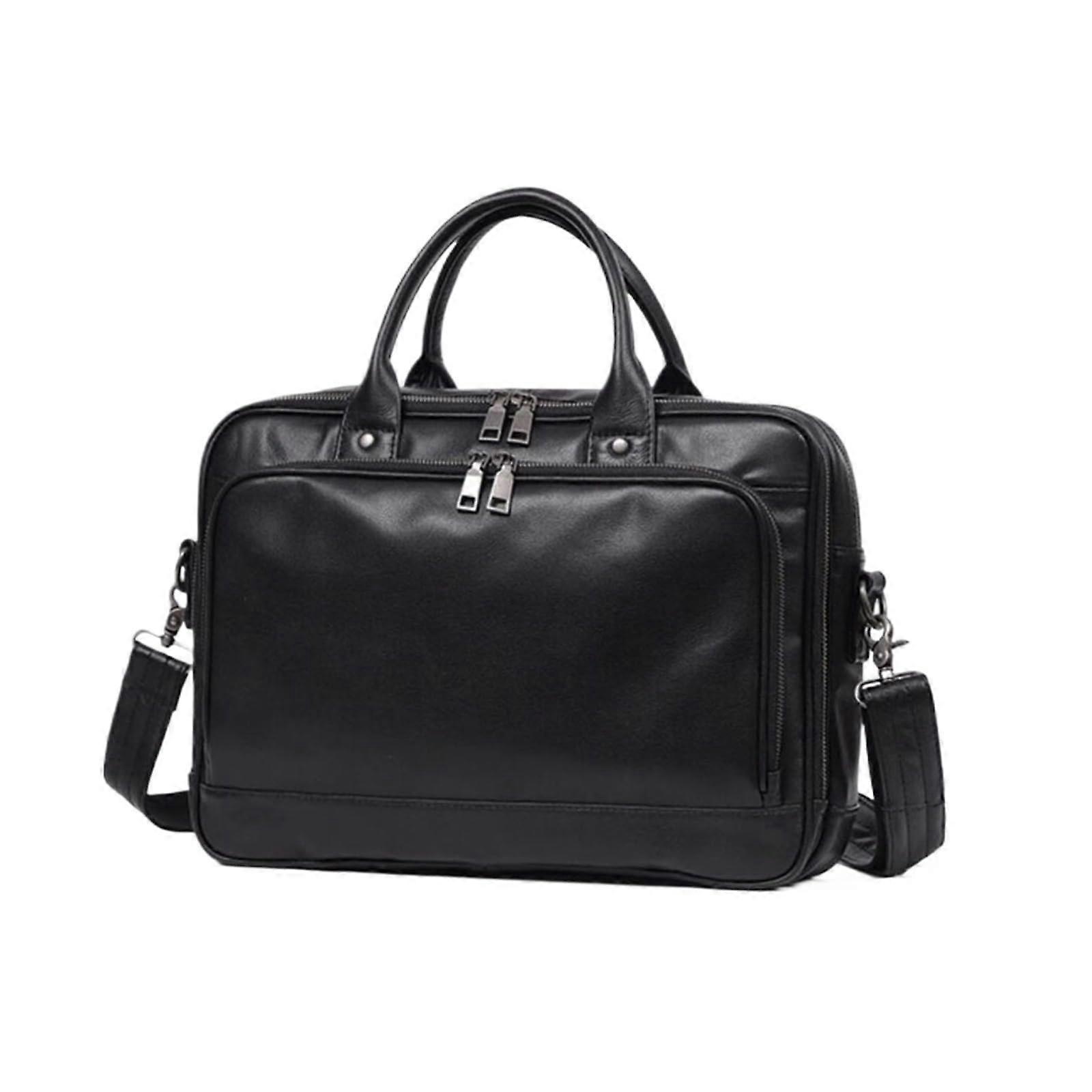 Black  Leather Messenger Laptop Bag for Men with Adjustable Shoulder Strap for Work