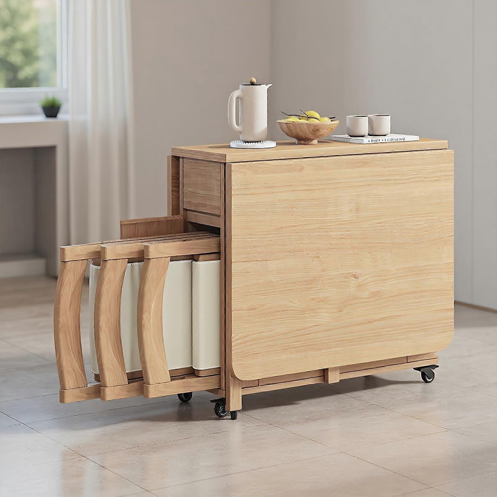 Solid Wood Folding Dining Table Set with 4 Upholstered Chairs for Small Space Apartment or Balcony