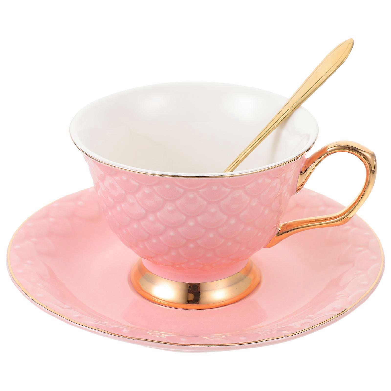 Pink Ceramic Coffee Cup with Saucer for Handheld Milk Drinking 1Set