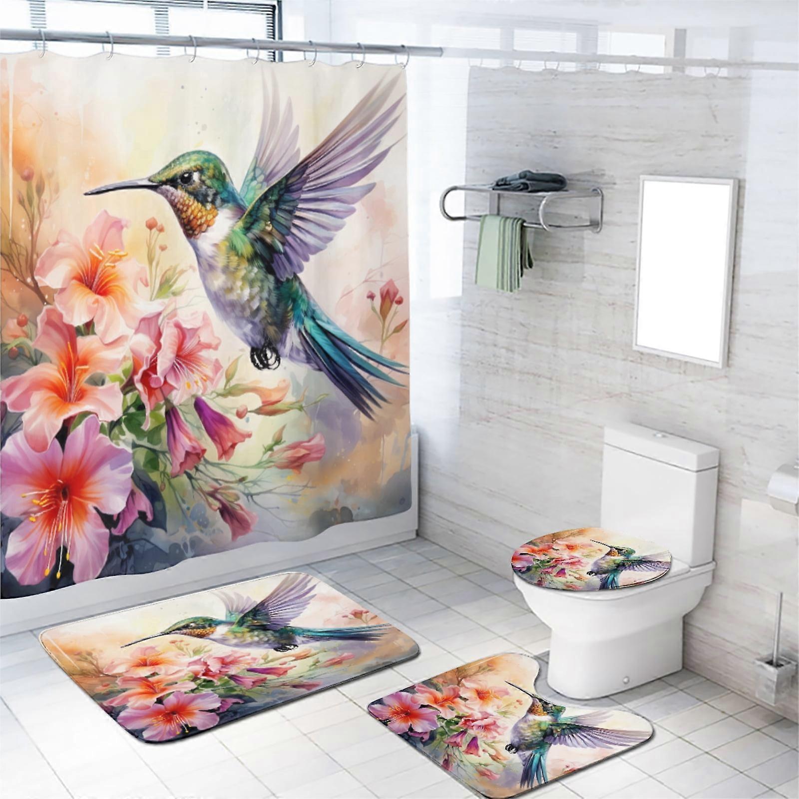 Ensemble de douche 4 pièces à motif colibri floral avec tapis antidérapant, couvre-abattant de toilette et tapis de bain – Imperméable, 12 crochets, 183 x 183 cm