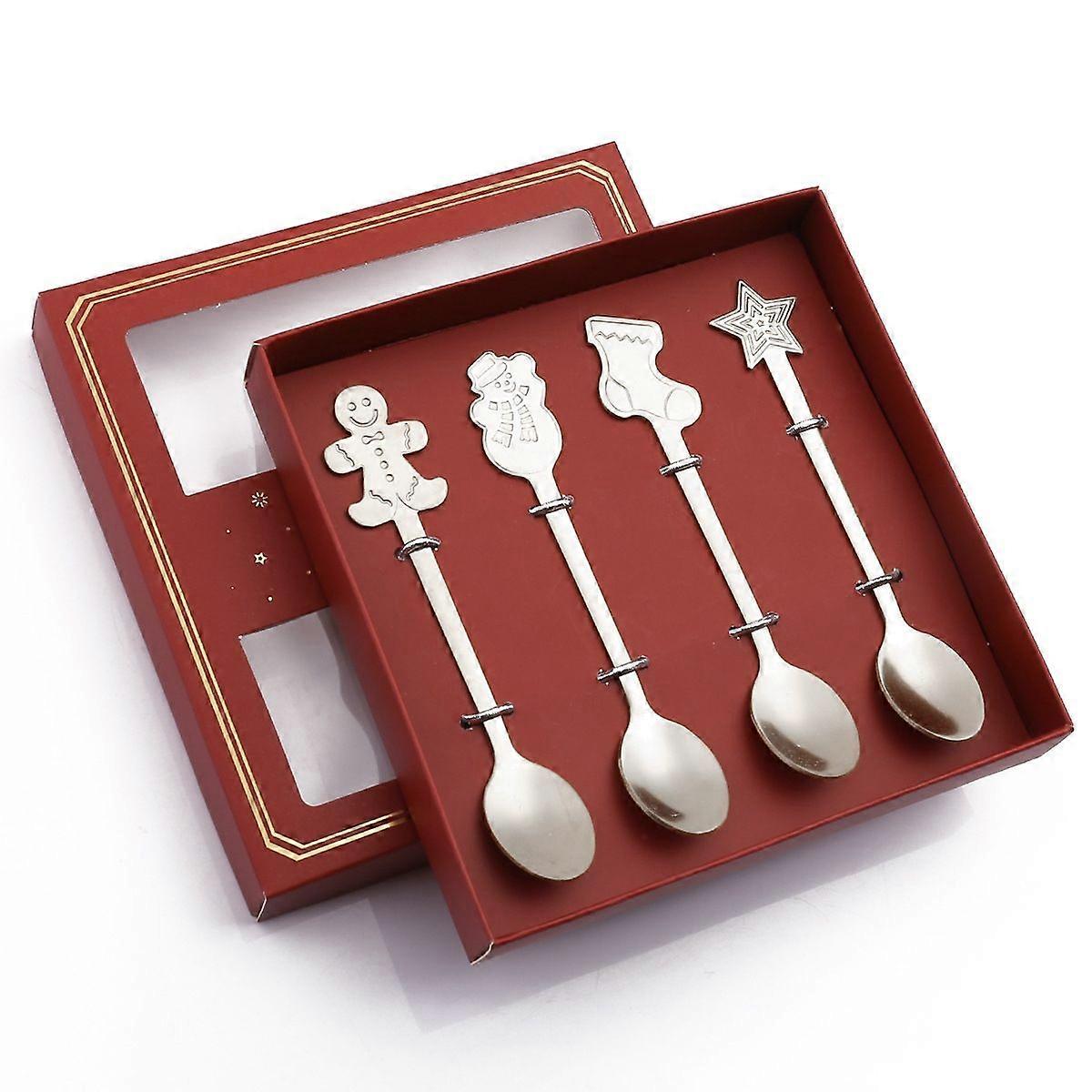 4pcs /Pack Christmas Gift Spoon Silver Red Box