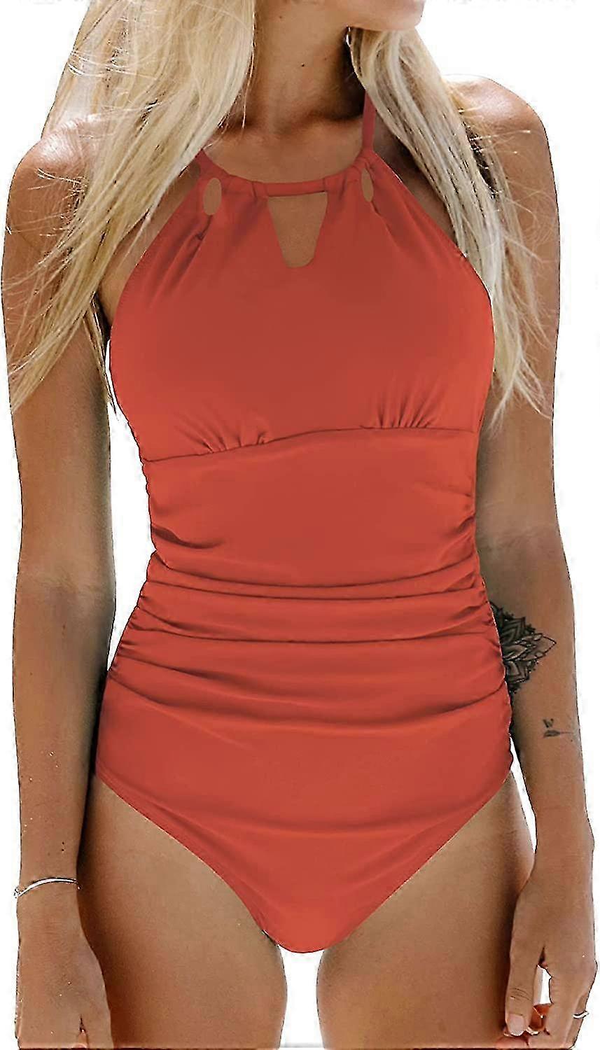 Maillot de bain une pièce pour femme, col montant, effet ventre plat froncé_ynaf