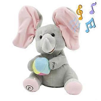 Elefante de peluche animado que canta y tiene orejas que se mueven.
