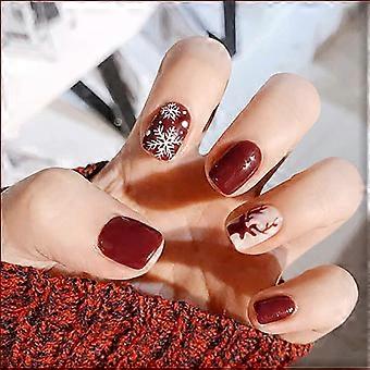 Short Red Snowflake Christmas Press on Nails 24pcs Acrylic Fake Nail Set for Women Girls