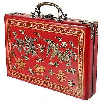 Mahjong Storage Box Portable Wooden PU Carrying Case with Buckle, Red
