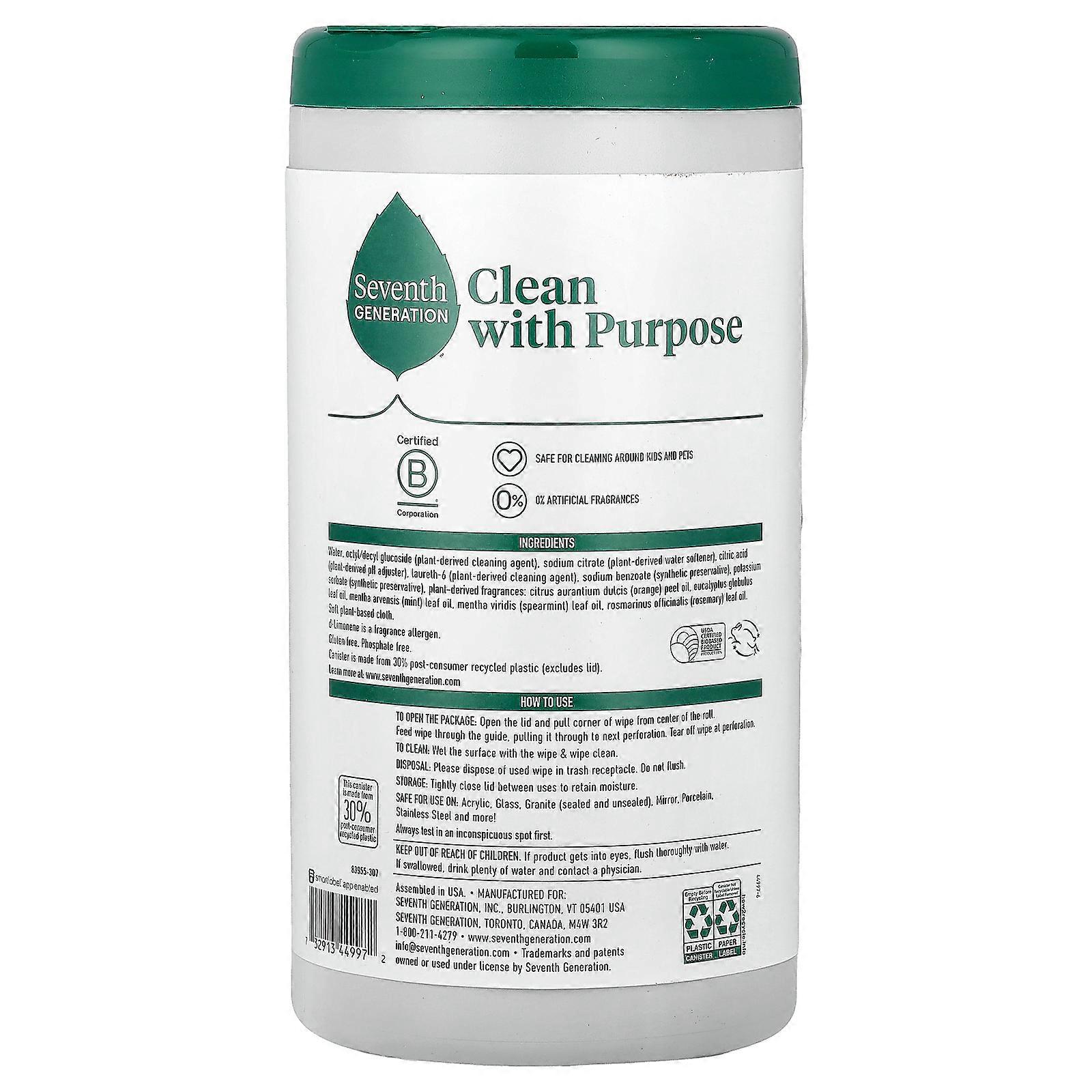 3 x Seventh Generation, Multi-Surface Wipes, Garden Mint , 70 Wipes