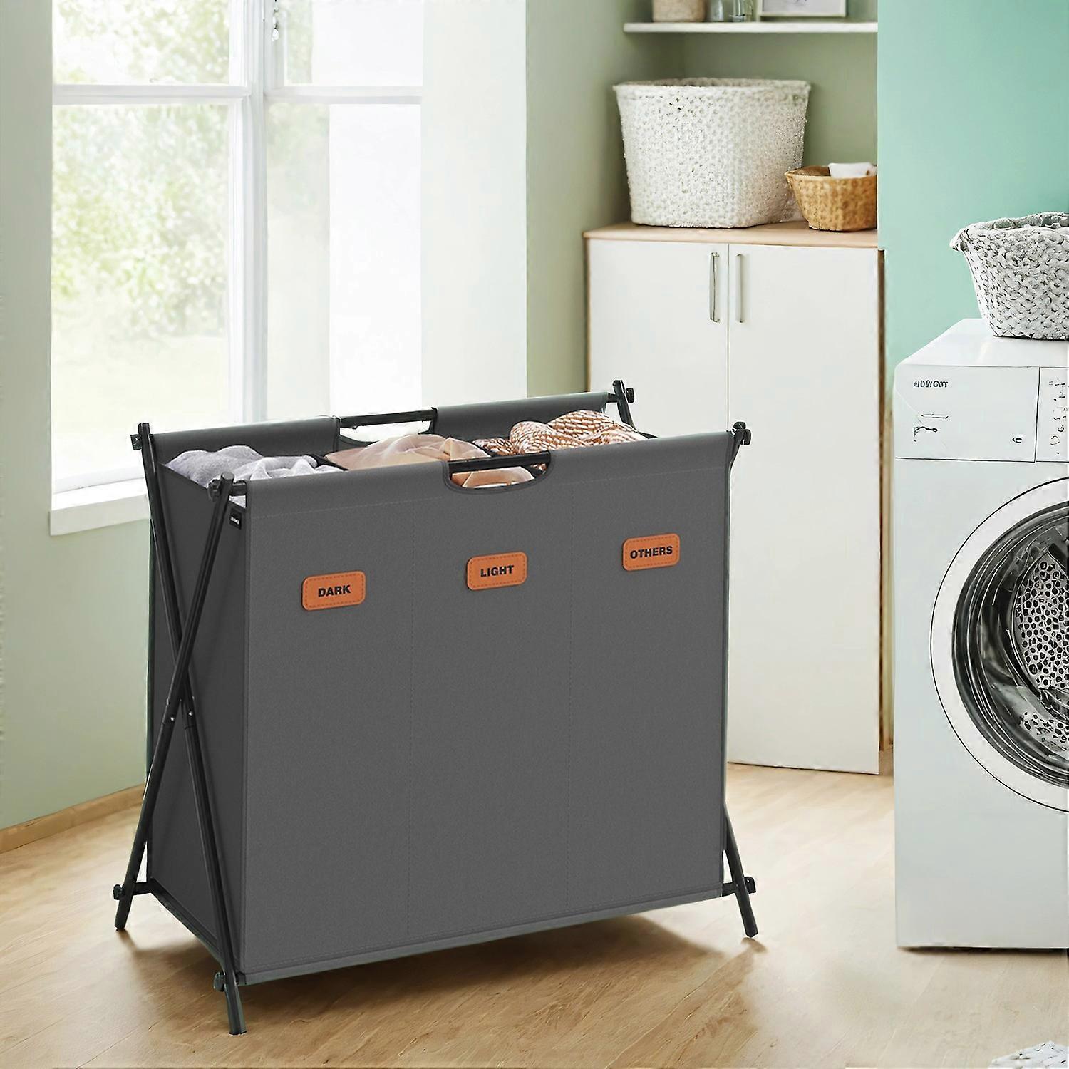Foldable three section laundry basket with labels 27.6"L