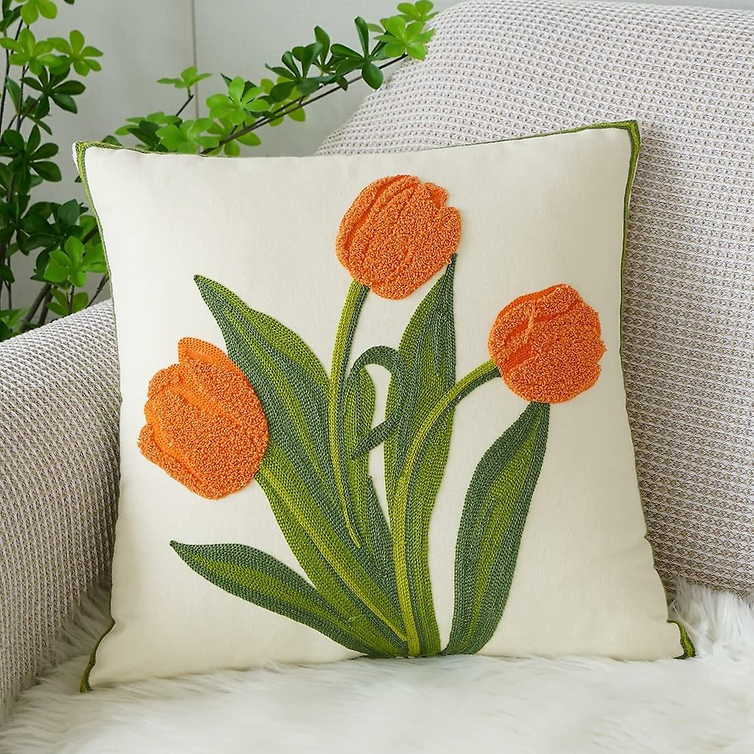 Farmhouse Tulip Cotton Tufted Throw Pillow Cover Spring Floral