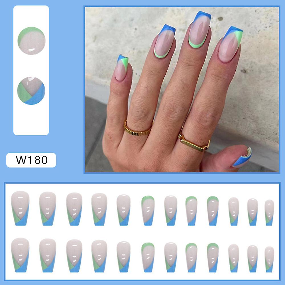 24pcs Mid-length Ballet False Nail Resin Material Bicolor Line Pattern Removable Nail