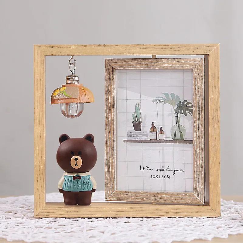 6-Inch Photo Frame Creative Nordic Photo Frame Set-up Double-sided Rotating Wooden Photo Frame With Light Cartoon Pig
