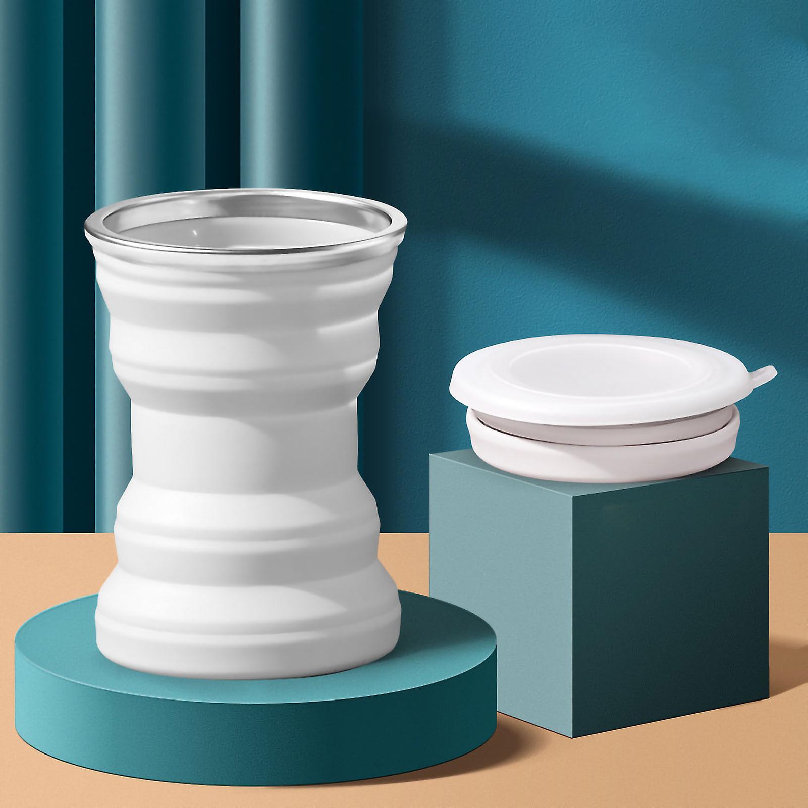 Folding Cup Silicone Ingenious Portable Space Saving Mini Foldable Cup with Lid for Outdoor Travel 320ML Jade White