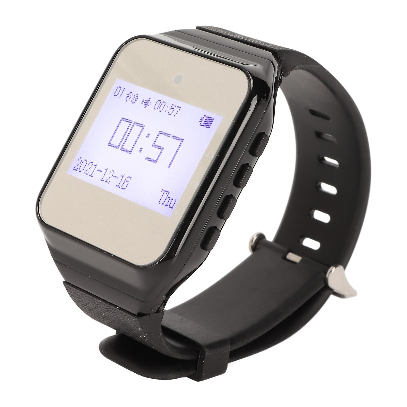 Watch Pager LCD Calendar Display One Button Alarm Vibration Wireless Calling System for Catering Factories EU Plug Black