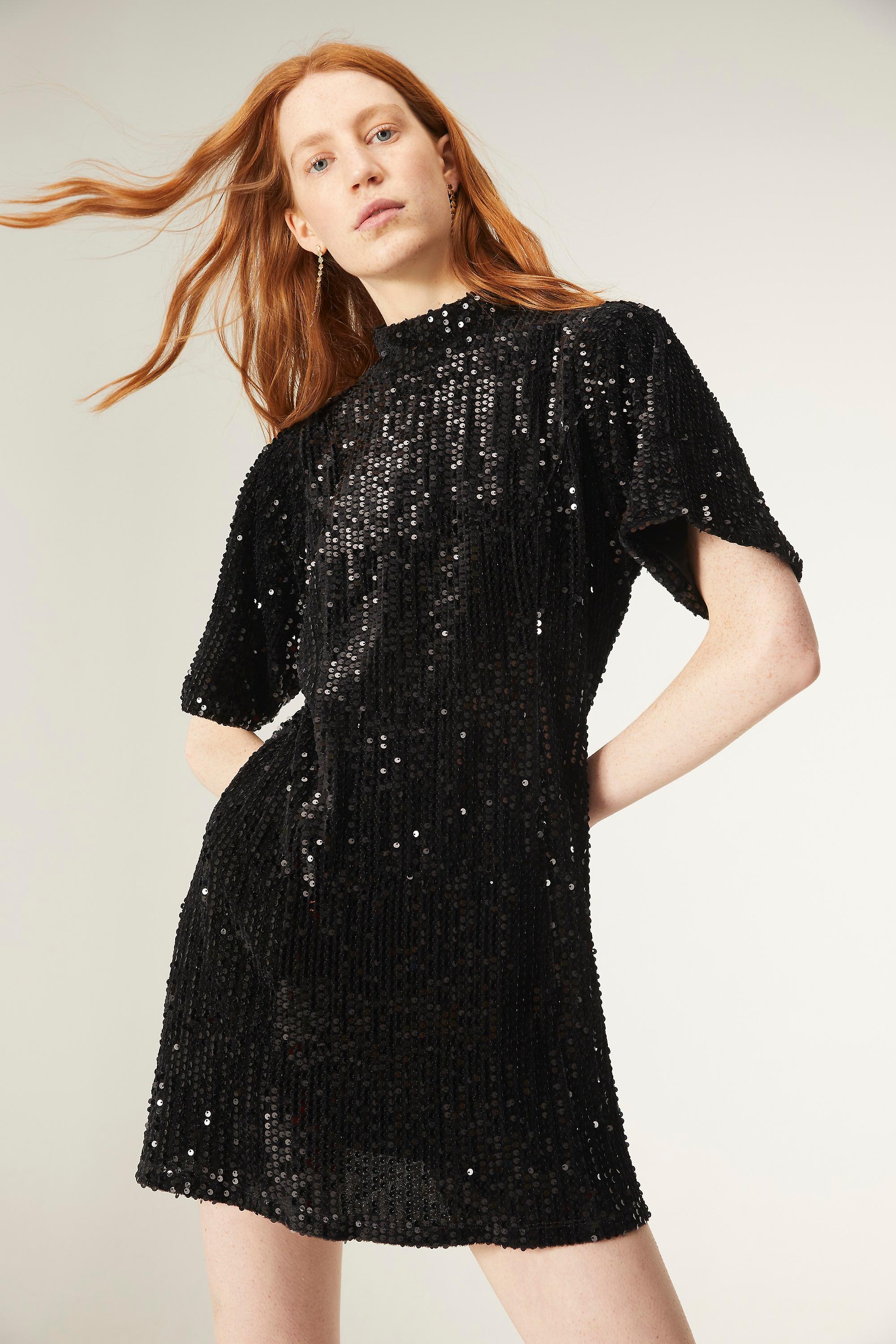 Black short‐sleeved sequin mini dress with high neck by Compania Fantastica