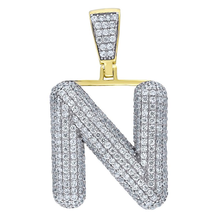 925 Sterling Silver Yellow tone Unisex Cubic Zirconia Bubble Letter Name Personalized Monogram Initial Alphabet N Charm