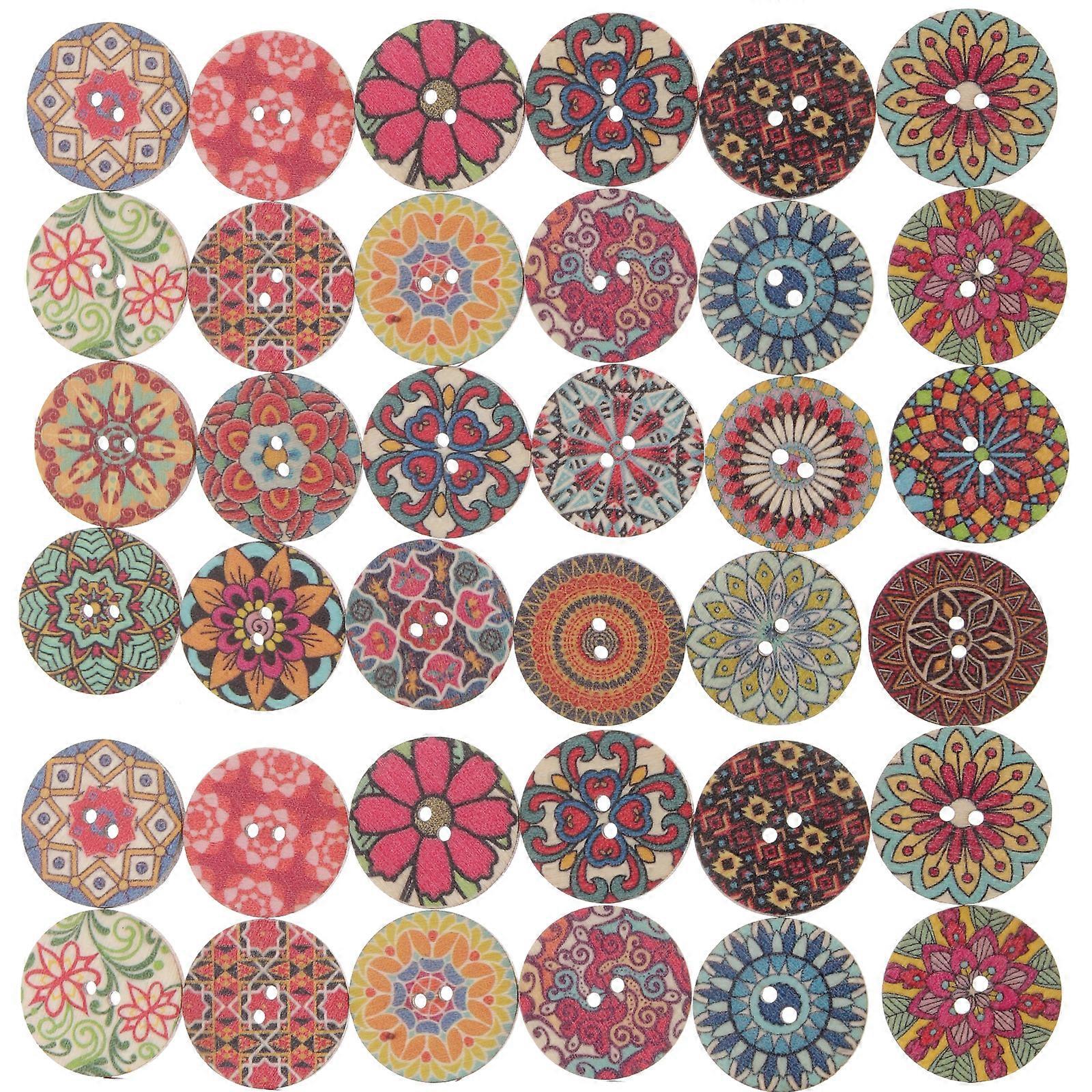 100pcs Bohemian Flower Pattern Wooden Buttons Flower Painting Buttons DIY Craft Embellishments Random Color