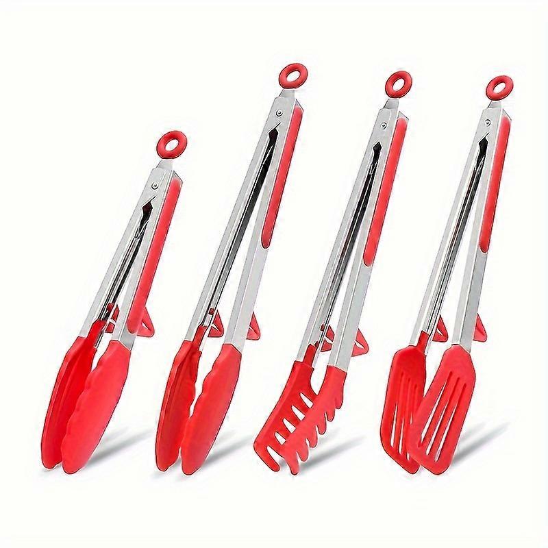 4 Pack Multifunctional Silicone Stainless Steel Food Tongs Set, Heat-Resistant BBQ Steak Salad Serving Kitchen Utensils