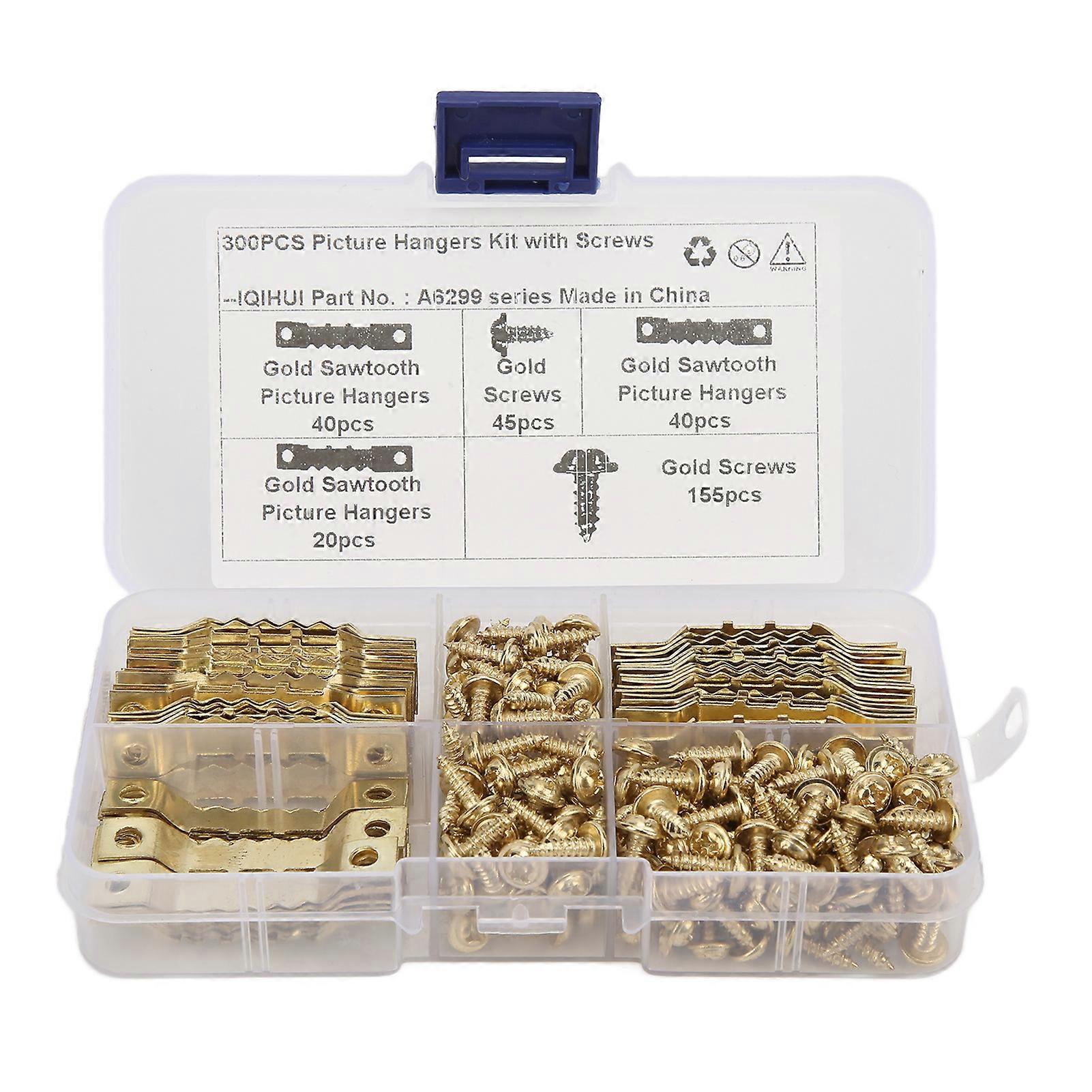 100Pcs Sawtooth Picture Hangers Rust Resistant Stable Durable Seamless Sawtooh Frame Hanging Hooks with 200Pcs ScrewsGold