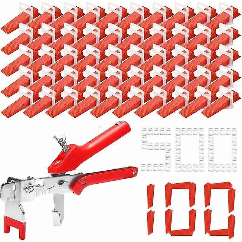 Tile Leveling Kit with 500 Pieces Tile Spacers for 2mm Tiles, 100 Pieces Reusable Tile Leveling Wedges and 1 Piece Tile Pliers for Laying Wall and Flo