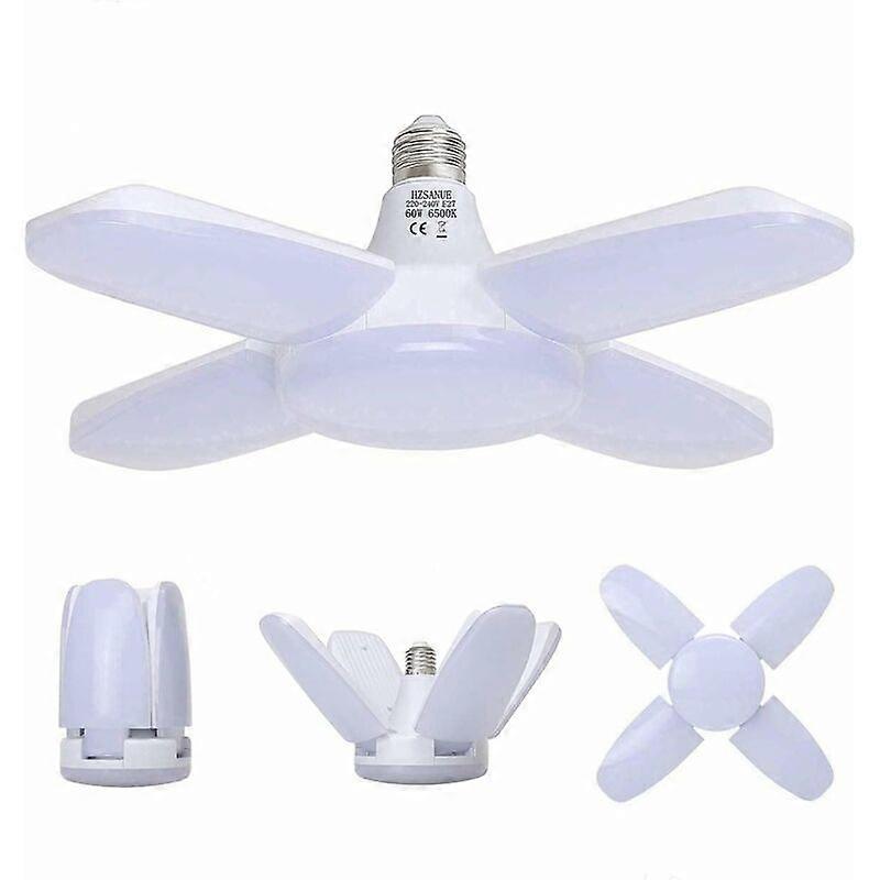 Garage Lamp E27 60W, Cold White Workshop Lamp 6500K 6800Lm, Deformable with 4 Adjustable Panels, LED Ceiling Lighting, for Garages