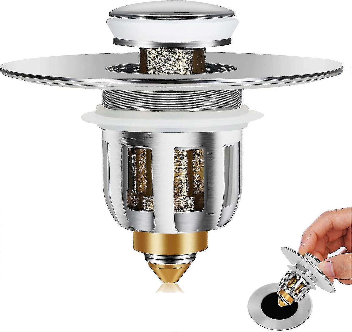 Sink Plug, Pop up Sink Plugs with Drain Strainer, Stainless Ste Bounce Core Push-Type Drain Plug, Universal Sink Stopper Replacement for Bathroom and