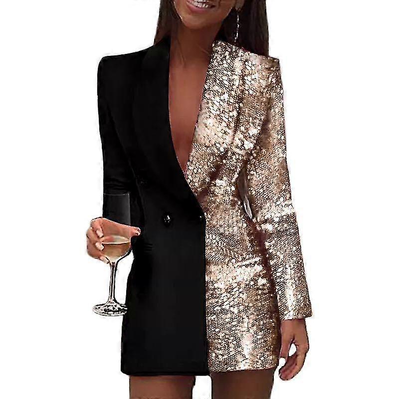 Aftenblazer Stilfuld mellemlængde Varm Elegant Mode Fest Pailletter Patchwork Farve Jakke Jakke Kvindeligt tøj