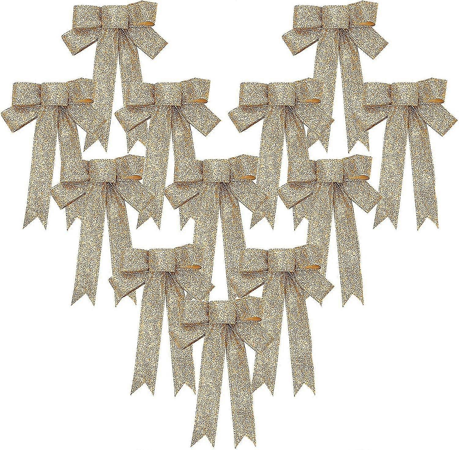 Christmas Ribbon Bows 12pcs Golden Bowknot Glitter Xmas Tree Bows Hanging Ornaments For Craft Diy Christmas Wreaths Wedding Holiday Partyhouse