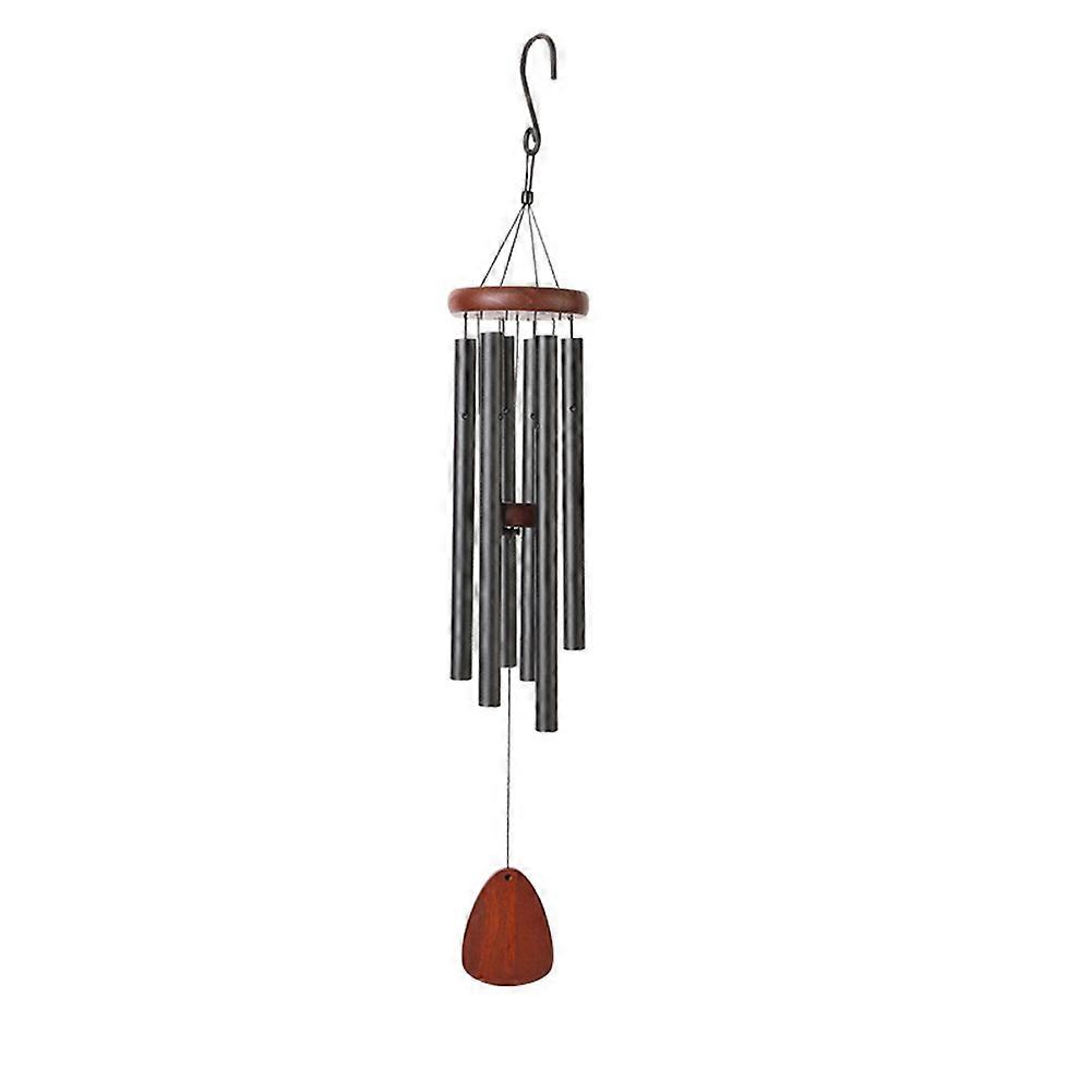 Black Aluminum Tube Windchime with Wooden Pendant Simple Metal Wind Spinners Hanging Ornament Rustic Outdoor Garden Hanging Windchime