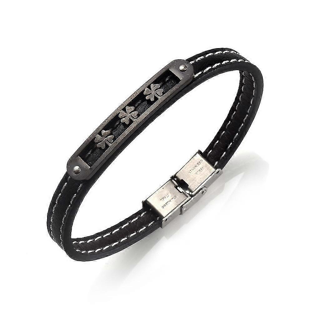 Classic Leather Bracelet With Staineless Steel Four-leaf Clover Patterns